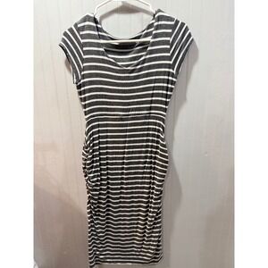 Loveappella Grey White Striped Ruched V-Neck Midi Dress XS M6383-K42